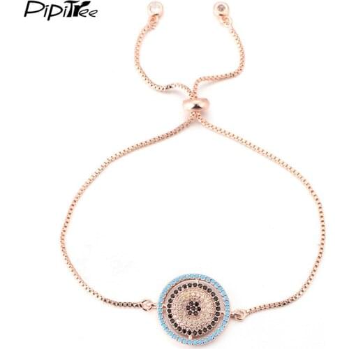 Pipitree New Round CZ Eye Charm Bracelet Rose Gold Color Slider Chain Bracelets for Women and Men Crystal Jewelry Adjustable