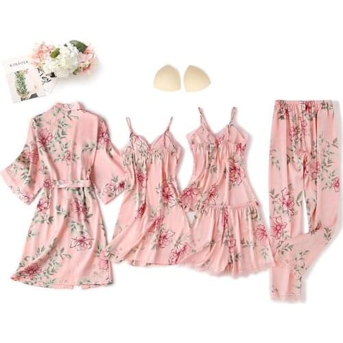 5 Pieces Womens Stain Rayon Pajamas Sets Woman Floral Printing Sleepwear Spring Summer Sling Shorts Homewear Pyjama