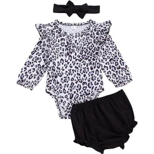 Infant Newborn Baby Girls 3Pcs Set Autumn Cotton Clothing Long Sleeve Leopard Printed Ruffles Bodysuits Shorts Headband Outfits