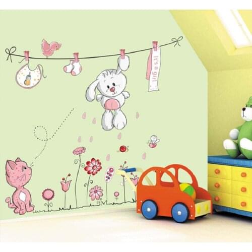 Pink cartoon cat rabbit doll flower wall sticker for kids rooms baby girls home nursery decoration decal mural