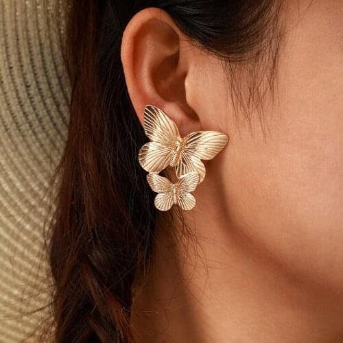 Alloy Earrings Golden Butterfly Exaggeration Creativity Butterfly Double Retro Earrings Big Small Earring Female The New