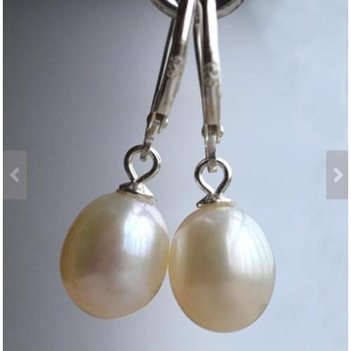 New Classic Favorite Pearl Jewelry AA 9X11MM White Freshwater Dangle Pearl Earring Silvers Hook Fine Women Wedding Party Gift