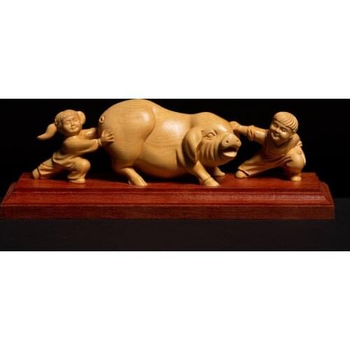 Chinese Country Style Two Children Playing with Pig Animal Sculpture Gothic Boxwood Miniature Creative Feng Shui Ornaments