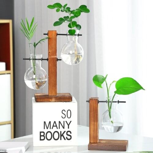 Glass Hydroponic Vase Plant Vases Transparent Terrarium Wooden Frame Glass Vintage Flower Pot for Home Desktop Table Decoration