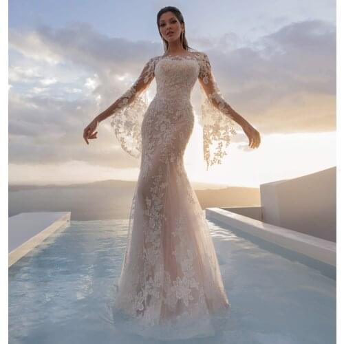 Romantic Boho Mermaid Wedding Dress 2021 Beach Appliques Lace Flare Sleeve Mariage Vestido De Noiva White Bridal Gowns