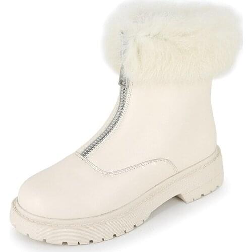 Front zipper creepers winter snow women solid round toe fur plush warm short ankle chelsea bottes femme shoes JXX26
