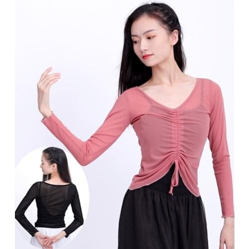 Classical Dance Clothes Women See Through Solid Mesh Tops Long Sleeve Drawstring Ballet T-Shirt Women Dance Costume