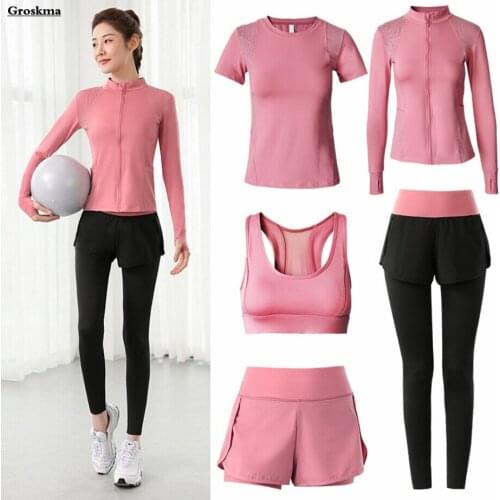 2021 Mesh 5 Piece Set Women Yoga Fitness Gym Suits Breathable Sports Running Outdoor Clothing Coats+T Shirt+Bra+Shorts+Pants