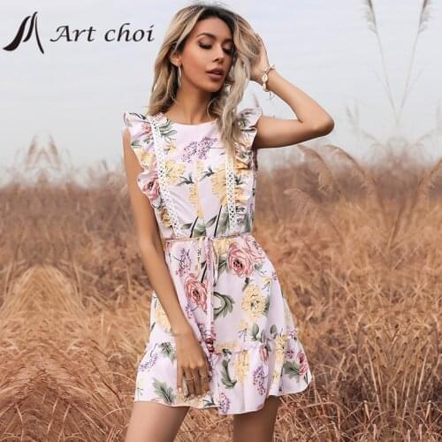 Elegant Women Mini Ruffles Floral Dress Skirt Summer Vintage A-Line Sleeveless Backless Ladies Bandage Bodycon Party Vestido