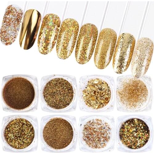 8pcs Nail Glitter Powder Set Mirror Gold Holographic Flakes Paillette Colorful Sequins Spangles Polish Manicure Decor SA1506-07