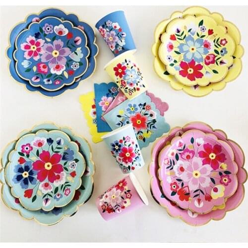 8pcs Flower Party Tablewares Foil Gold Princess Party Supplies Disposable Paper Plates Cups Dinner Napkin Straws Balloons Decor