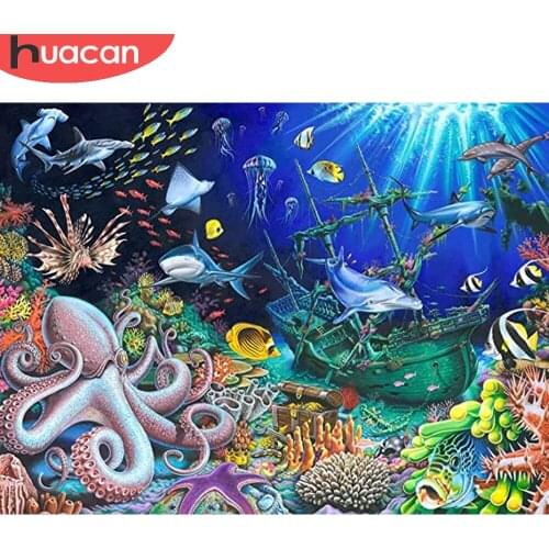 HUACAN Diy Diamond Painting Mosaic Sea Fish Home Decoration Diamond Embroidery Shark Ocean Animal Crystal Hobby