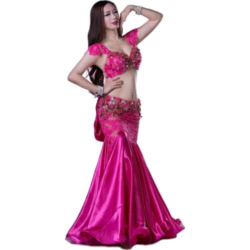 Bellydance Rhinestone Lace High Quality Performance Wear Costume Belly Dance 2pcs set for Women/female Dancers Bra Skirt QC2799