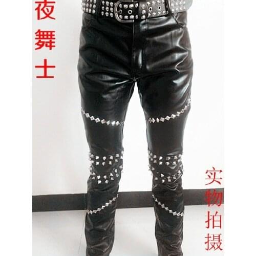Free Shipping ! Mens Brand Fashion New Dj Bar Nightclub Singer Slim Rivets Leather Pants Trousers