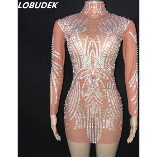 Sparkly Rhinestones Nude Mesh Transparent Mini Dress Sexy Women Birthday Prom Evening Party Crystal Skinny Outfit Singer Costume