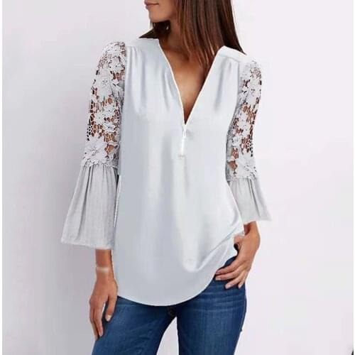 Fashion Lace Blouse Loose Sexy Zipper V-Neck Tops Casual Ladies Blouses Female Women Long Sleeve Blusas Pullover Blusas Femme
