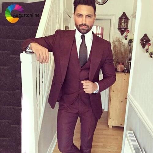 Burgundy Mens Wedding Suits 3 Pieces Jacket Pants Double Breasted Vest Custom Made Best Man Blazers Suit Slim Fit Groom Tuxedos
