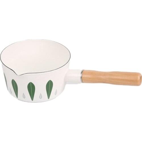 Enamel Small Milk Pot, Baby Food Cooking Pot, Frying Pan, Beautifully Patterned Soup Pot with Wooden Handle