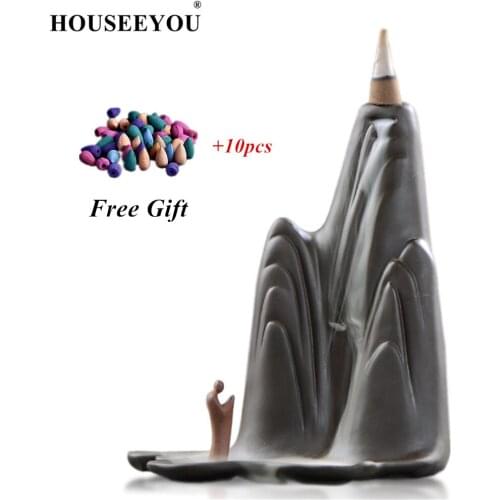 HOUSEEYOU Ceramic Backflow Incense Burner Buddha Statue Creative Mountain Water Zen Aromatherapy Ornaments Crafts + 10Pcs Cones