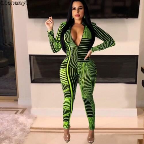 Jumpsuits Long Sleeve for Women 2019 Autumn Print Sexy Deep V Neck Womens Rompers Jumpsuit High Waist Bodycon Zipper Night Club