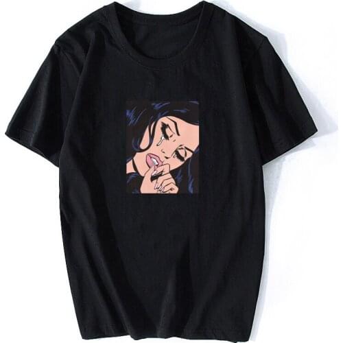 Black Hair Crying Comic T-shirts Casual Harajuku Streetwear Summer Clothing T Shirts Cotton Hip Hop O-Neck Tees Tops