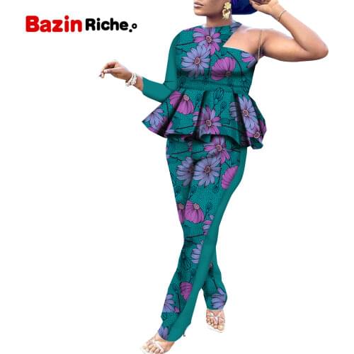 Two Piece Sets Off Shoulder Long Sleeve Asymmetrical Ruffles Top Cargo Pants Trousers Casual Suits African Women Clothes WY8909