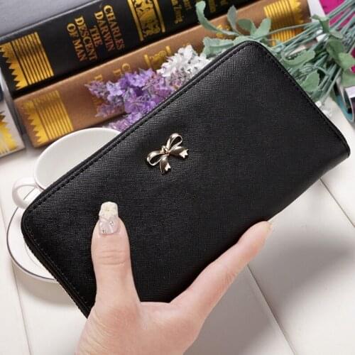 Korean Fashion Women Bowknot Long Wallets 8-Colour PU Leather Female Coin Purse Money Phone Card Holder Bag Zipper Clutch