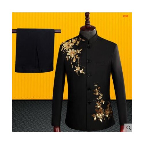 Sequin embroidery Chinese tunic suit suit set with pants mens wedding suits stage clothing formal dress standing collar 989