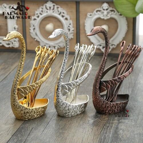 Swan Spoon Base Holder Fruit Forks Set Stainless Steel Salad Dessert Forks Spoon Coffee Cake Tools Tableware