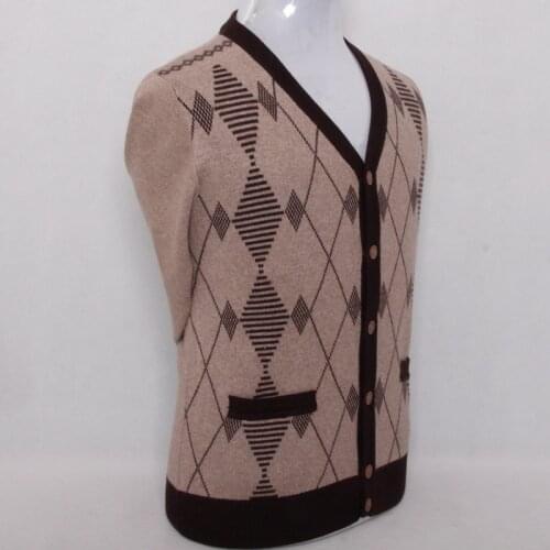 Pure goat cashmere argyle plaid knit men fashion v-neck thick loose cardigan sweater blue 4color S/4XL