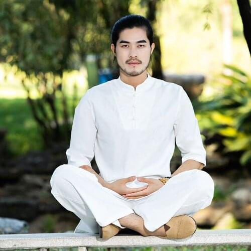 Men Traditional Chinese Tai Chi Suit Linen Zen Tea Tops Pullover Male Tai Chi Kung Fu Uniform Pants Set Meditation Clothes