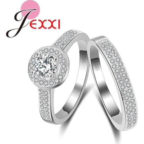 Bridal Wedding Party 925 Sterling Silver Quality Rhinestone Crystal Inlay Anillos Finger Rings Set For Female