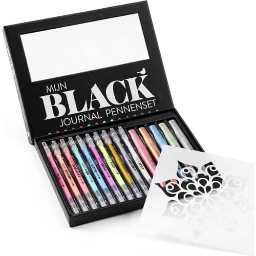 Handlettering bullet journal marker set 5pcsmetallic brush marker and 10pcs gel ink pen 1stencil black paper stone glass
