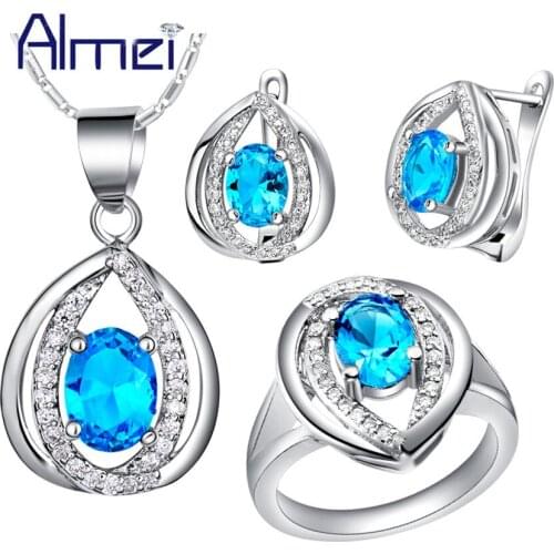 Almei Silver Joyeria Set De Boda Blue Pink Crystal Necklace Earrings Ring Jewelry Sets for Wedding Bridal Women Bijouterie T444