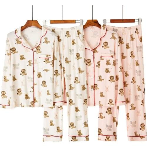 Couple Pajamas Women Spring Autumn Cartoon Animal Cotton Modal Pyjamas Pocket Long Sleeve Trousers Lion Print Home Clothes Suit