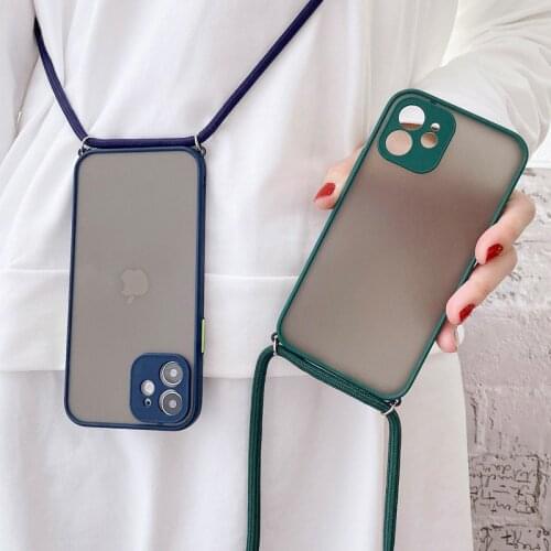 Matte Translucent Camera Protection Bumper Phone Cases for iPhone 12 Mini 11 Pro XS Max Hanging Rope Crossbody Strap Soft Cover