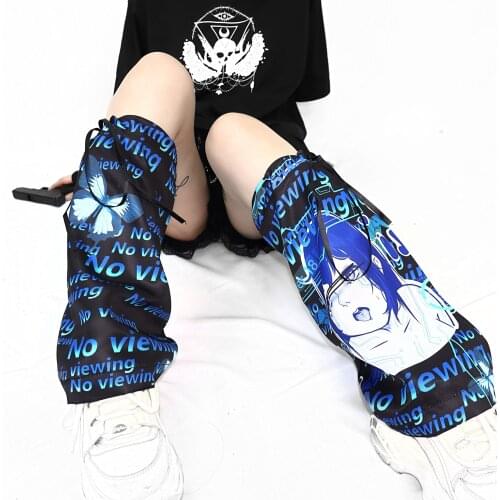 Ruibbit Hot Girl Gothic Punk Tokyo Geisha Pattern Japanese Leg Warmer Cartoon Printing Blue Knee Sleeve Foot Sock