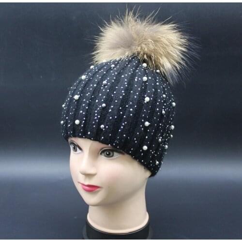 Super cute crystal inlay pearl delicate knitted pom pom hat genuine raccoon fur warm knitted pom pom fur beanies multicolors