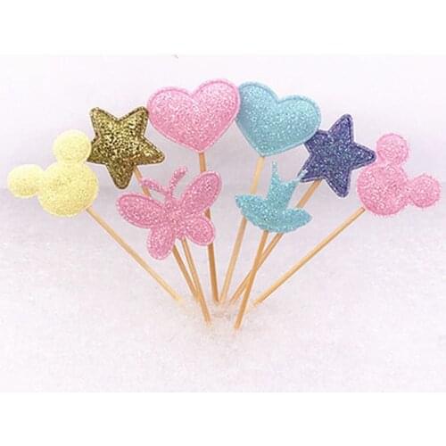6Pcs/Lot Glitter Flower Star Cake Topper For Birthday Lovely Cake Flag Baby Shower For Girls Diy Party Cake Decorations
