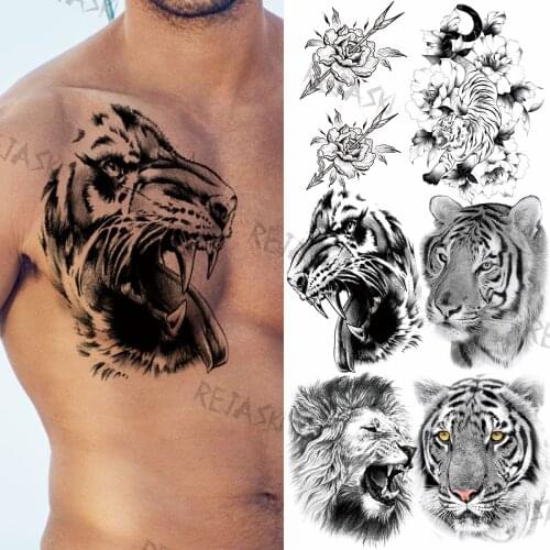 Black Tiger Temporary Tattoos For Men Adults Lion Rose Flower Flora Fake Tattoo Sticker Military Tribal Chest Waist Tatoos Arm