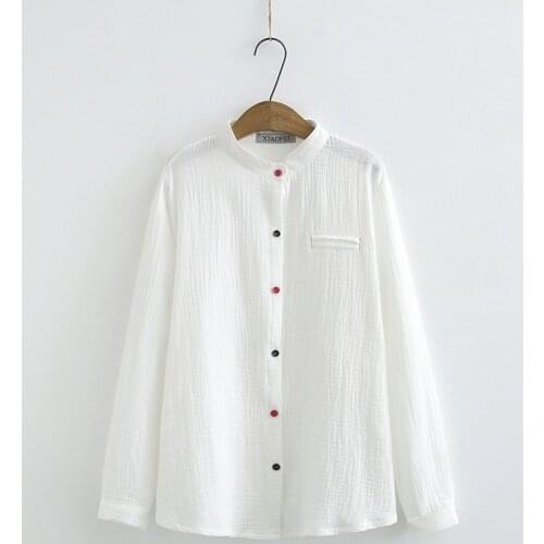 Plus Size Womens White Blouse Long Sleeve Round-neck Officewear Tops with Cute Buttons