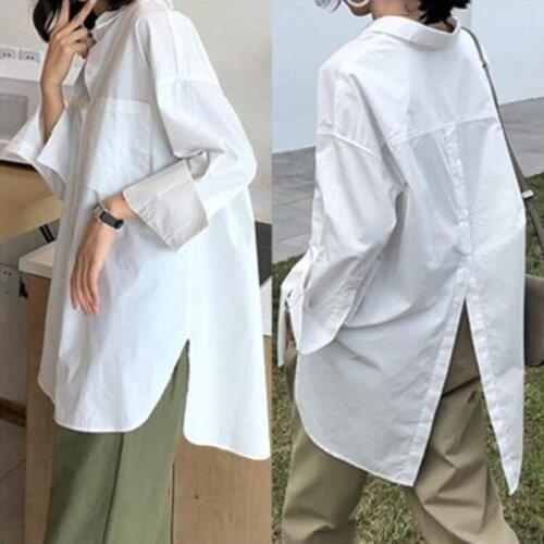 Women White Shirt Oversized Shirts Fashion Lapel Casual Solid Long Sleeve French Blouses Buttons Asymmetrical Female Tops Blusas