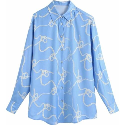 Aonibeier Line Print Wrist Sleeve Women Casual Blouses 2021 Summer Fashion Turn Down Collar Button Front Female Blue Shirts Tops