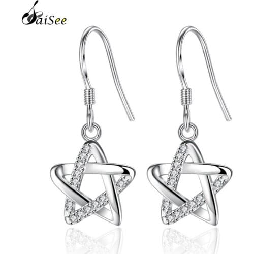SaieSee Pave Crystal Ear Dangle Earrings for Women White Gold Color Hollow Pentagon Star Fashion Party Jewelry E59 Dropshipping