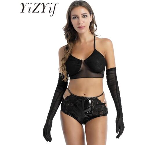 Womens Halter Lace-up Crop Top Fashion See-through Mesh Vest Night Club Clothing V Neck Backless Camisole with Ruched Gloves