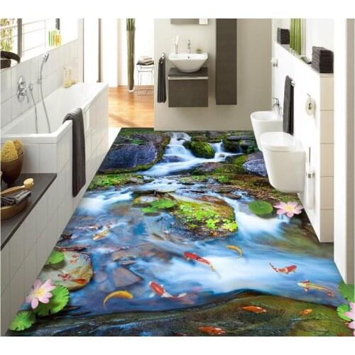 Floor 3d wallpaper 3D landscape stone lotus fish floor 3d wallpaper pvcwaterproof wallpaper for bathroom wall