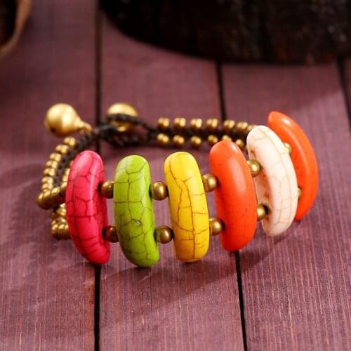 Bohemian Ethnic Style Retro Semi-precious Stones Womens Bracelet Wax Rope Hand-woven Beach Style Creative Female Bangle Jewelry