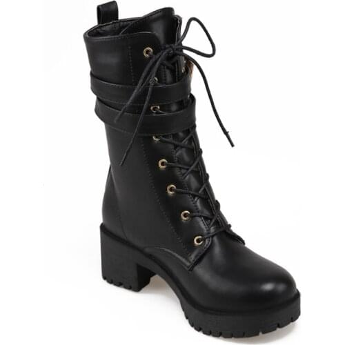 Boots Women Fashion Leather Middle Lace-Up Buckle Martin Boots Round Toe Shoes Outdoor PU Leather Winter Female Shoes