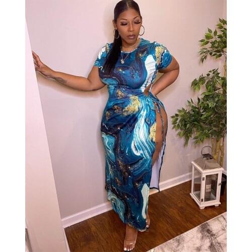 ChocoMisty-LadyPlus Plus-size Dresses Pattern Print Lace-up Thigh Split Maxi Dress AP7019