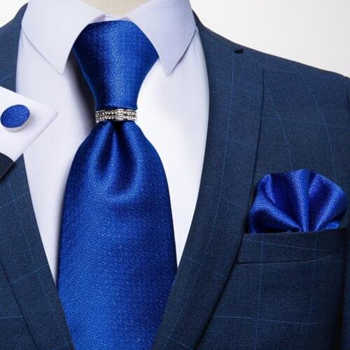 Formal Wedding Ties For Men Silk Jacquard Woven Classic Business 8cm Royal Blue Men Necktie Hanky Cufflinks Ring Set DiBanGu